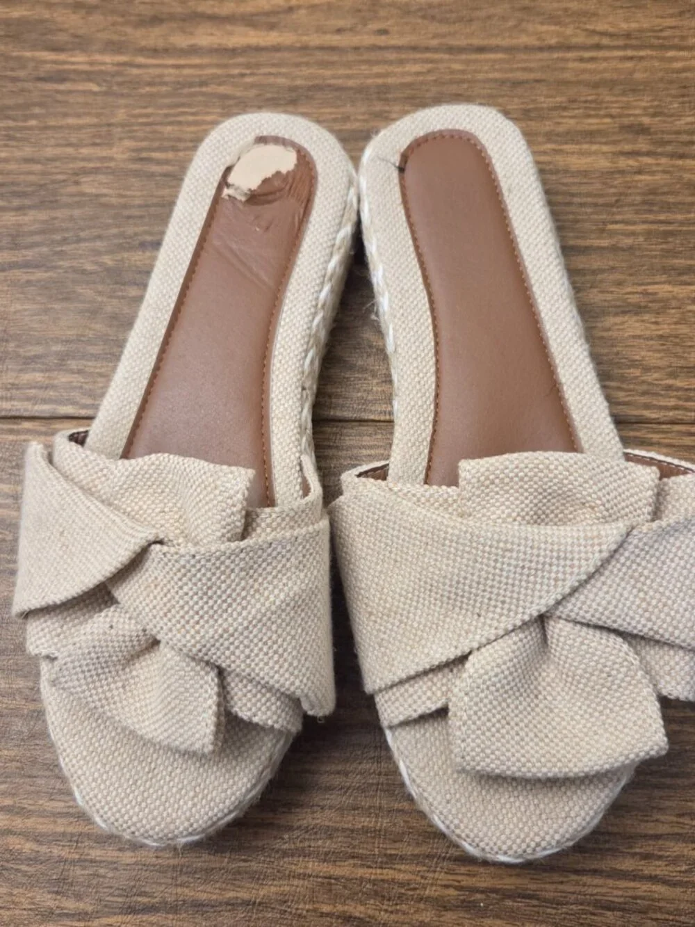 Women's Beige Fabric Bow Platform Espadrille Open Toe Slide - Sz 7.5M